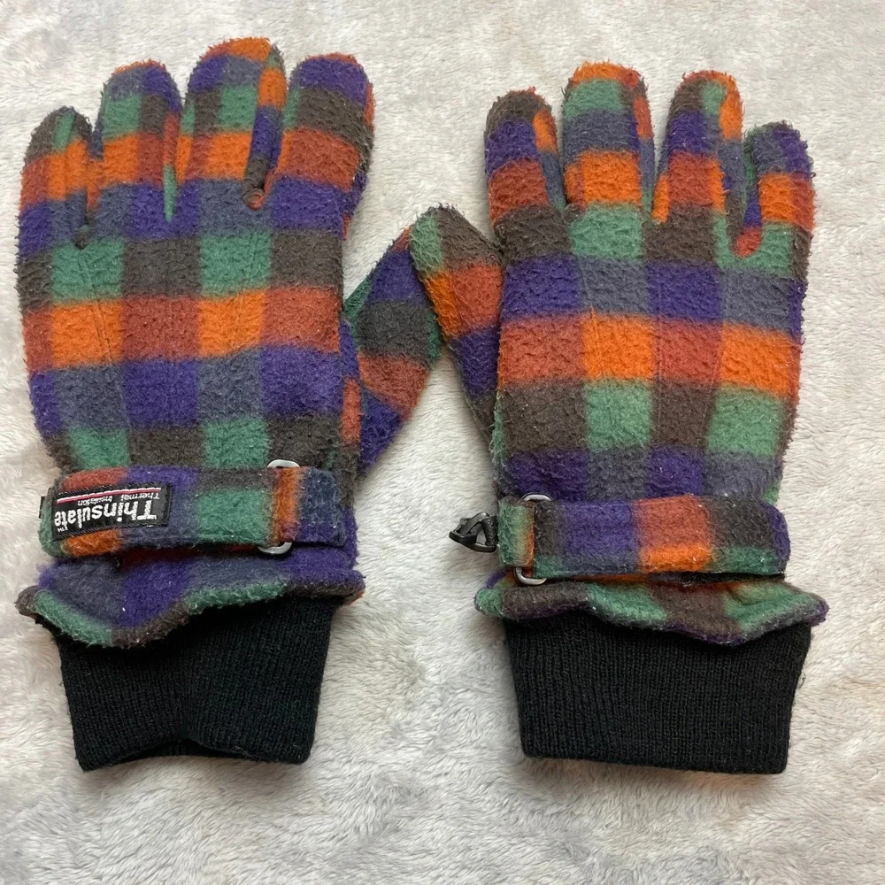 Vtg Thinsulate Womens Plaid Fleece Gloves Size B Multicolor Thermal Retro Winter